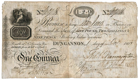 Hannyngton's Bank. Dungannon, One Guinea, 1 Oct 1807.