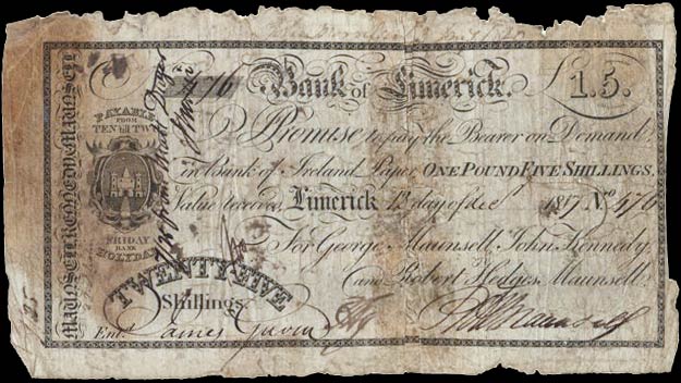 Bank of Limerick, Maunsell's 25 Shillings, 13 December 1817. George Maunsell, John Kennedy, Robert Hedges Maunsell