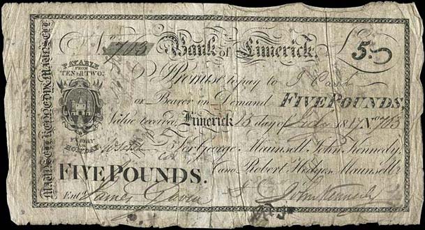 Bank of Limerick, Maunsell's, Five Pounds, 15 July 1817. Promise to pay to J. Cash or Bearer on Demand' stated on each note