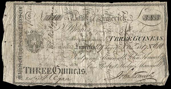 Maunsell's, Bank of Limerick, 3 Guineas, 29 Nov 1817. George Maunsell, John Kennedy, Robert Hedges Maunsell
