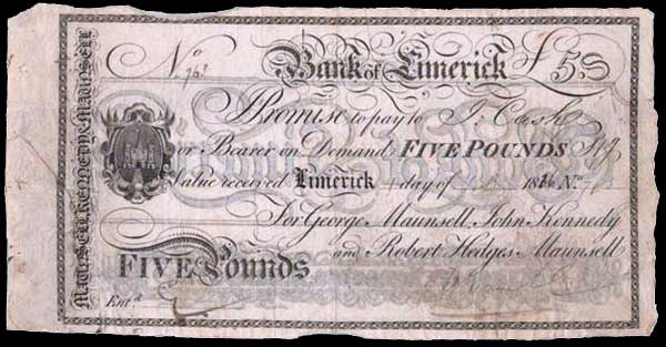 Maunsell's, Bank of Limerick, 5 Pounds, 1816. George Maunsell, John Kennedy, Robert Hedges Maunsell