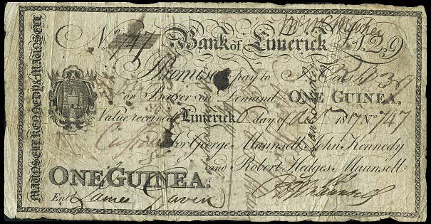 Maunsell's, Bank of Limerick, One Guinea, 6 Dec 1817. George Maunsell, John Kennedy, Robert Hedges Maunsell