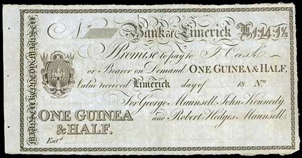 Bank of Limerick, One Guinea and Half, unissued