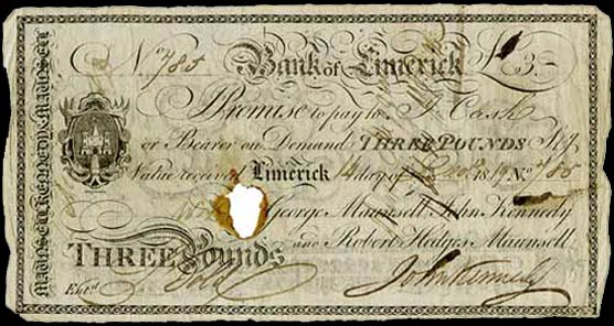 Bank of Limerick, Maunsell's, Three Pounds 1819