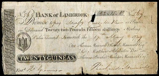 Bank of Limerick Thomas Maunsell 20 Guineas 19 May 1829