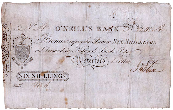 O'Neills Bank Waterford, 6 Shillings, 1 March 1801