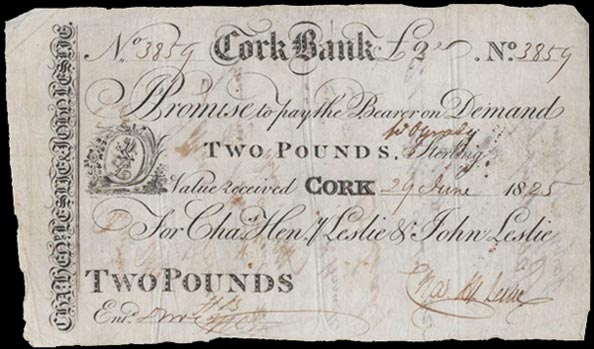 Cork Bank, Two Pounds, 29th June 1825 Chaarles Henry Leslie & John Leslie