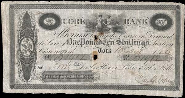 Cork Bank, 30 Shillings, 10 Dec 1824 Charles Henry Leslie & John Leslie
