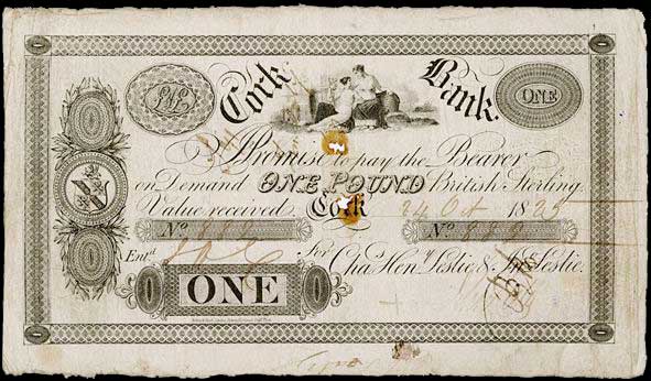 £1, Leslie's Cork Bank, 24 Oct 1825, Cha's Hen'y Leslie & Jn'o Leslie