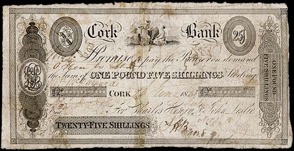 Cork Bank, One Pound, 5 Shillings, 16 June 1823 Charles Henry & John Leslie