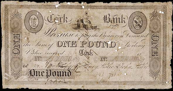 Cork Bank, £1, ca1823. Charles Henry Leslie & John Leslie