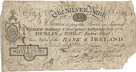 The Silver Bank 3 Shillings 9 and a half pence 14 June 1804. Richard Wogan Talbot, Edward Glassock