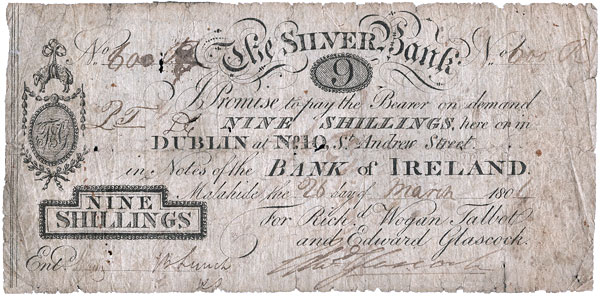 The Silver Bank, Malahide, 9 Shillings 26 March 1804. Richard Wogan Talbot, Edward Glassock
