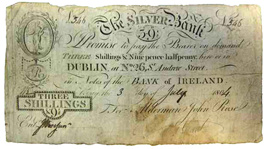 The Silver Bank, Bray, 3 Shillings 9 and a half pence 3 July 1804. Alderman John Rose