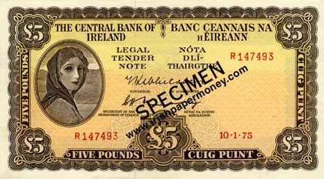 Central Bank of Ireland Five Pound replacement note 1975 R prefix