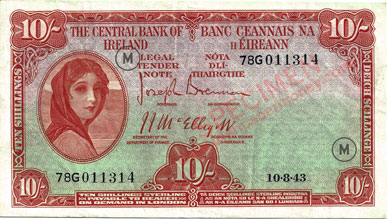 Central Bank of Ireland 10 shillings, 10.8.43 Normal code M