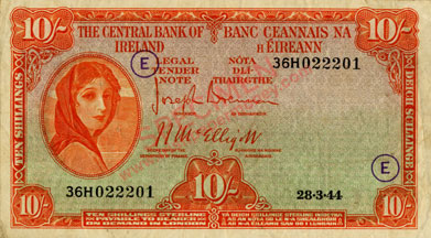 Central Bank of Ireland 10 shillings, 28.3.44 Normal code E