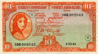  Currency Commission Ireland 10 shillings, 1.12.41 displaced code K