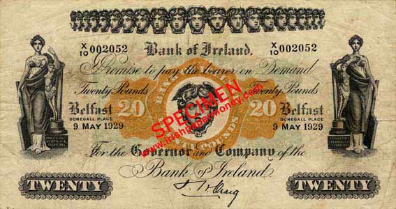 Bank of Ireland Twenty Pounds 1929 Craig signature
