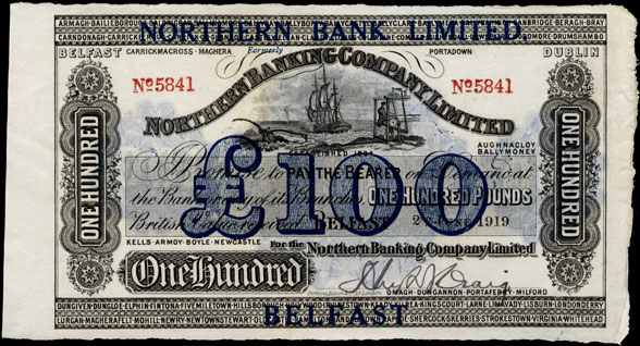 Northern Bank Limited, One Hundred Pounds 1929 Northern Ireland overprint on £100, 1919
