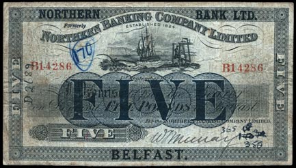 Northern Bank Limited, Five Pounds 1929 Northern Ireland overprint on £5, 1927