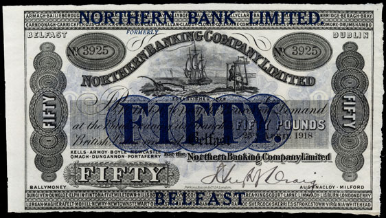 Northern Bank, 50 Pounds 1929 Northern Ireland overprint on £50, 1918