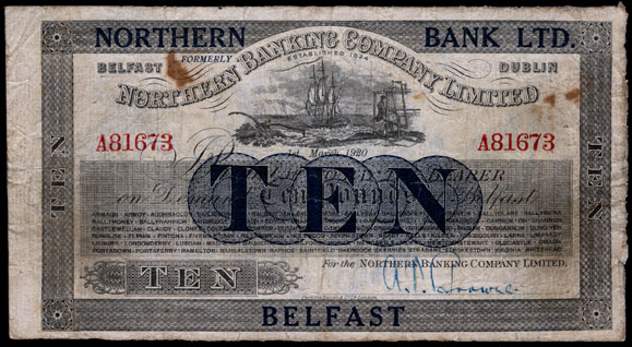 Northern Bank Ltd, Ten Pounds 1929 Northern Ireland overprint on £10, 1920