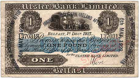 Ulster Bank One Pound 1927 with 1929 Overprint