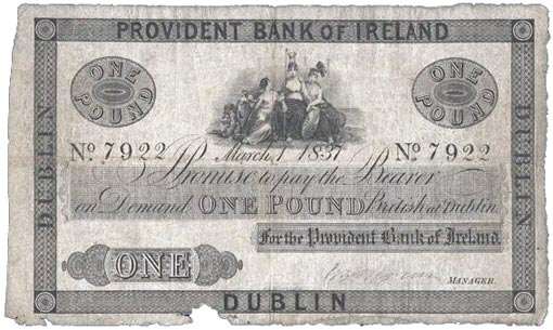 Provident Bank of Ireland, One Pound, March 1st 1837. No prefix