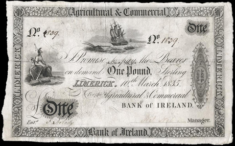 Agricultural and Commercial Bank of Ireland. One Pound 10th March 1835