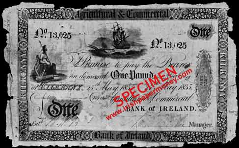 Agricultural and Commercial Bank of Ireland. One Pound 25th May 1835