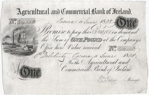 Agricultural and Commercial Bank of Ireland. One Pound 10th June 1838