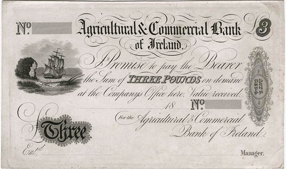 Agricultural and Commercial Bank of Ireland. Three Pounds 1838