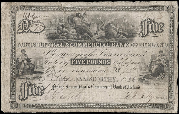 Agricultural and Commercial Bank of Ireland, 5 pounds 25th September 1838 Enniscorthy