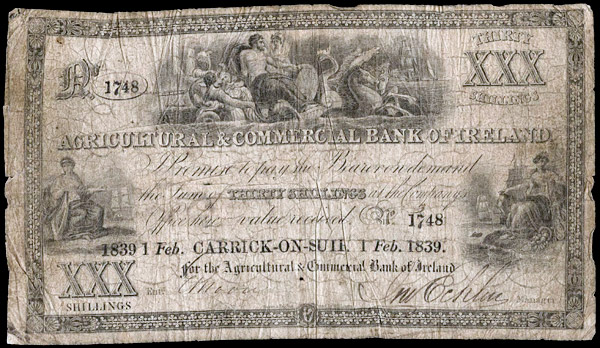 Agricultural and Commercial Bank of Ireland, Thirty Shillings 1 Feb 1839 Carrick-on-Suir