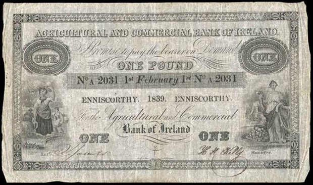 Agricultural and Commercial Bank of Ireland One Pound 1839 Enniscorthy