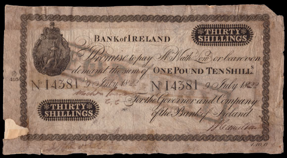 Bank of Ireland 30 Shillings 1822, contemporary forgery