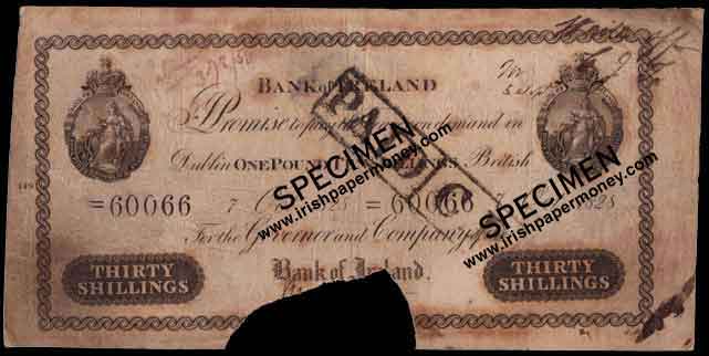 Bank of Ireland 30 Shillings 10 July 1828