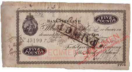 Bank of Ireland, 5 Pounds, 1820