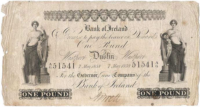 Bank of Ireland One Pound 1838 Dublin and Westport