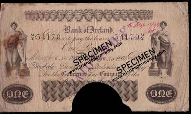 Bank of Ireland 1 Pound note 1861 6 branches in 2 Lines