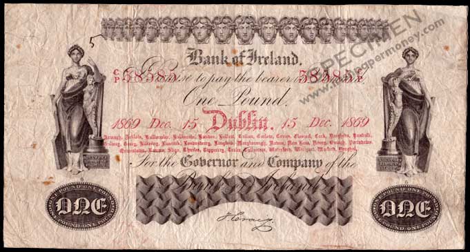 Bank of Ireland One Pound 1869. Craig signature