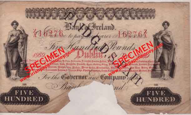 Bank of Ireland 500 Pounds 1869. Signed by R. Greville