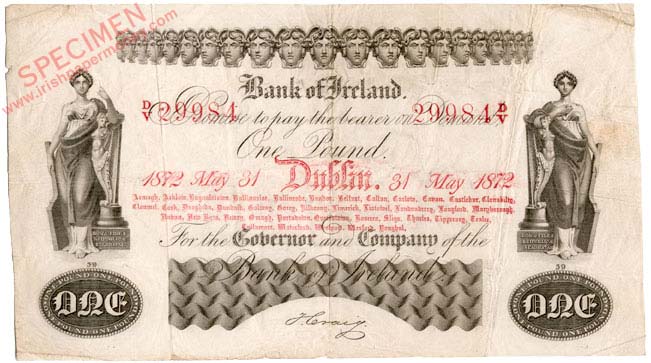 Bank of Ireland One Pound 1872. Signed by J. Craig