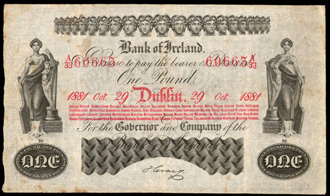 Bank of Ireland One Pound 1881. J. Craig signature