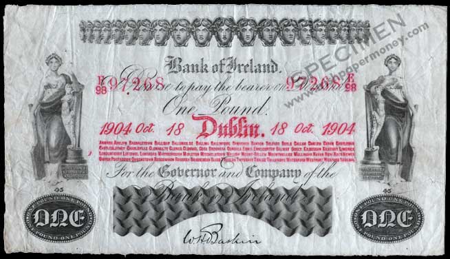 Bank of Ireland One Pound 1904. Baskin signature