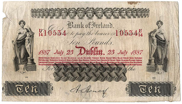 Bank of Ireland 10 Pounds 1887. H. Heney signature