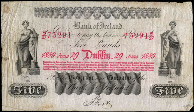 Bank of Ireland Five Pounds 1889. S. Foot signature