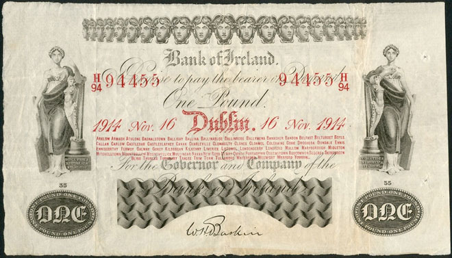 Bank of Ireland One Pound 1914. Baskin signature