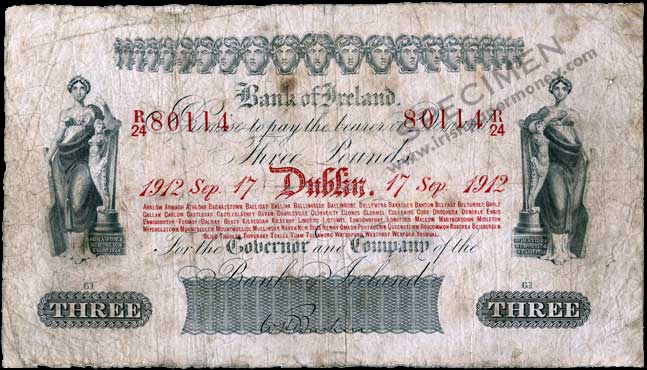Bank of Ireland Three Pounds 1912. Baskin signature